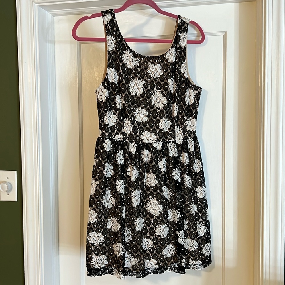Black and White Lace Overlay A-Line Dress